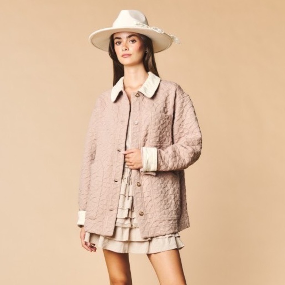 289.New Rareraw Tan Quilted Jacket White Corduroy Trim Button Boho Western Coat